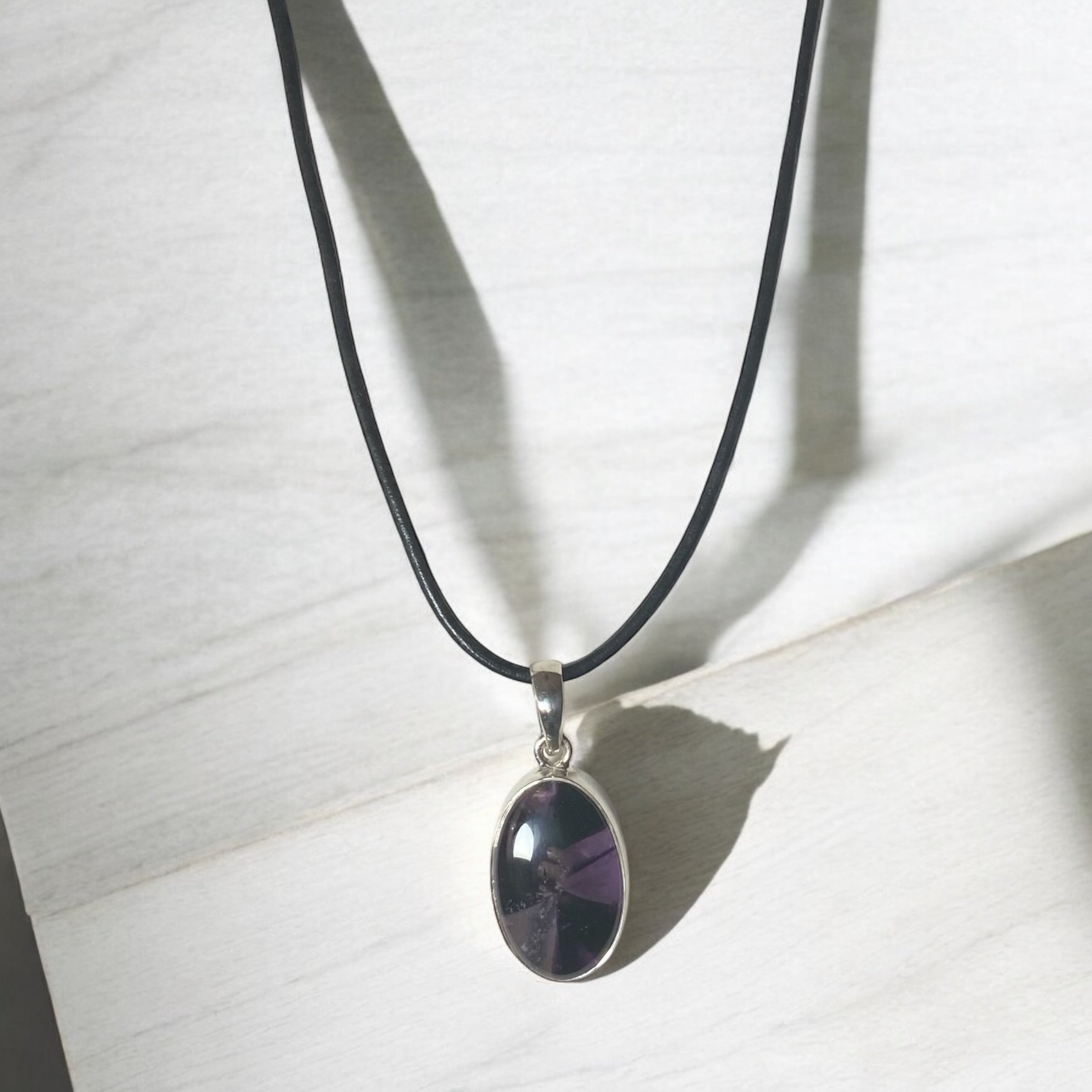 Amethyst Pendant on Black Leather 20” Necklace