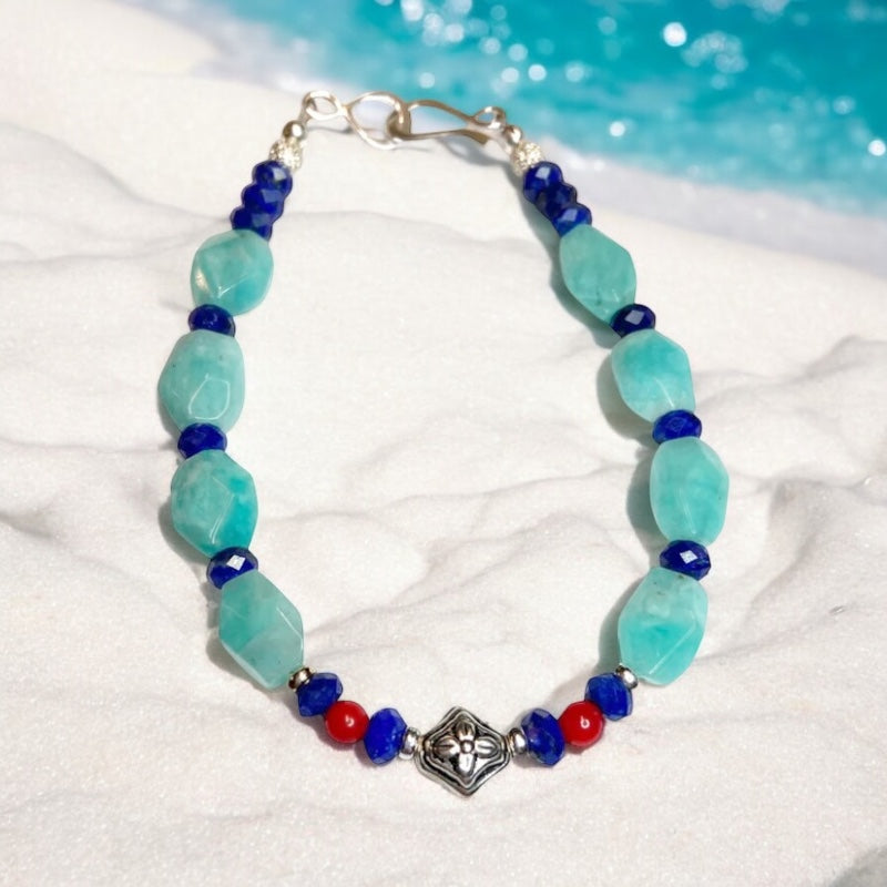 Elegant Amazonite, Lapis and Red Coral Bracelet