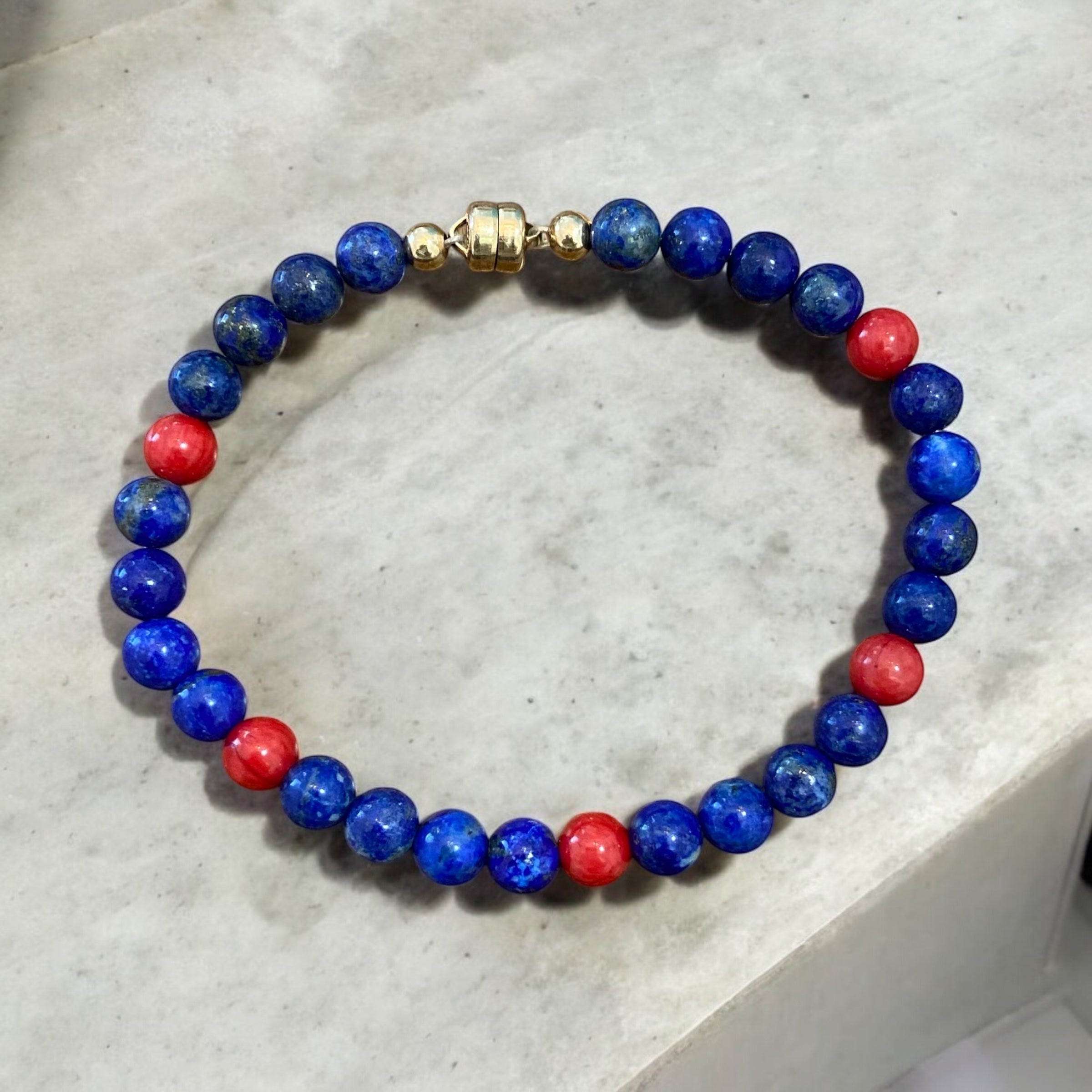 Regal Harmony: Lapis Lazuli & Red Coral Line Bracelet with Magnetic 4K Gold-Filled Clasp