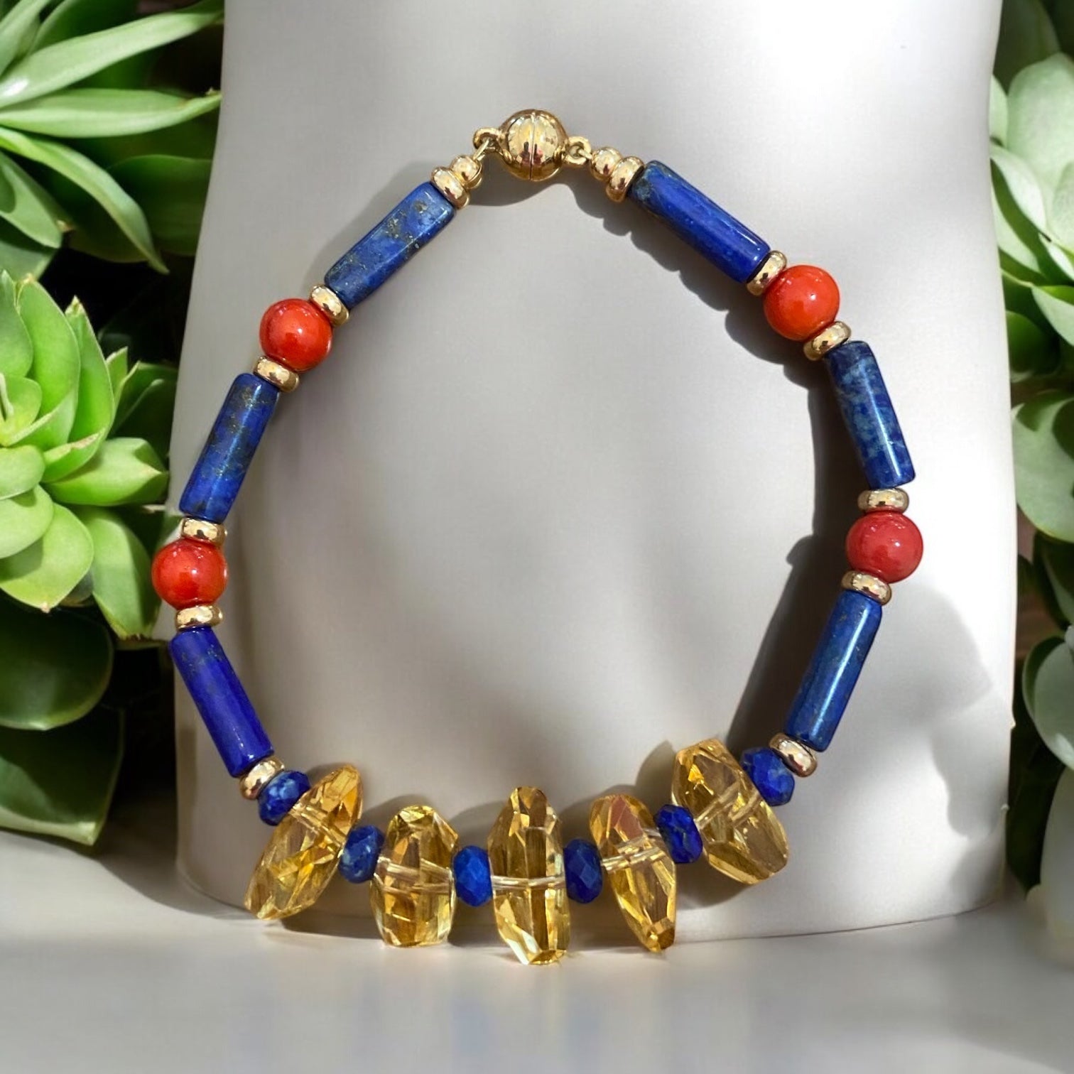 Royal Radiance: Handcrafted 14K Solid Gold Lapis, Citrine & Red Coral Bracelet