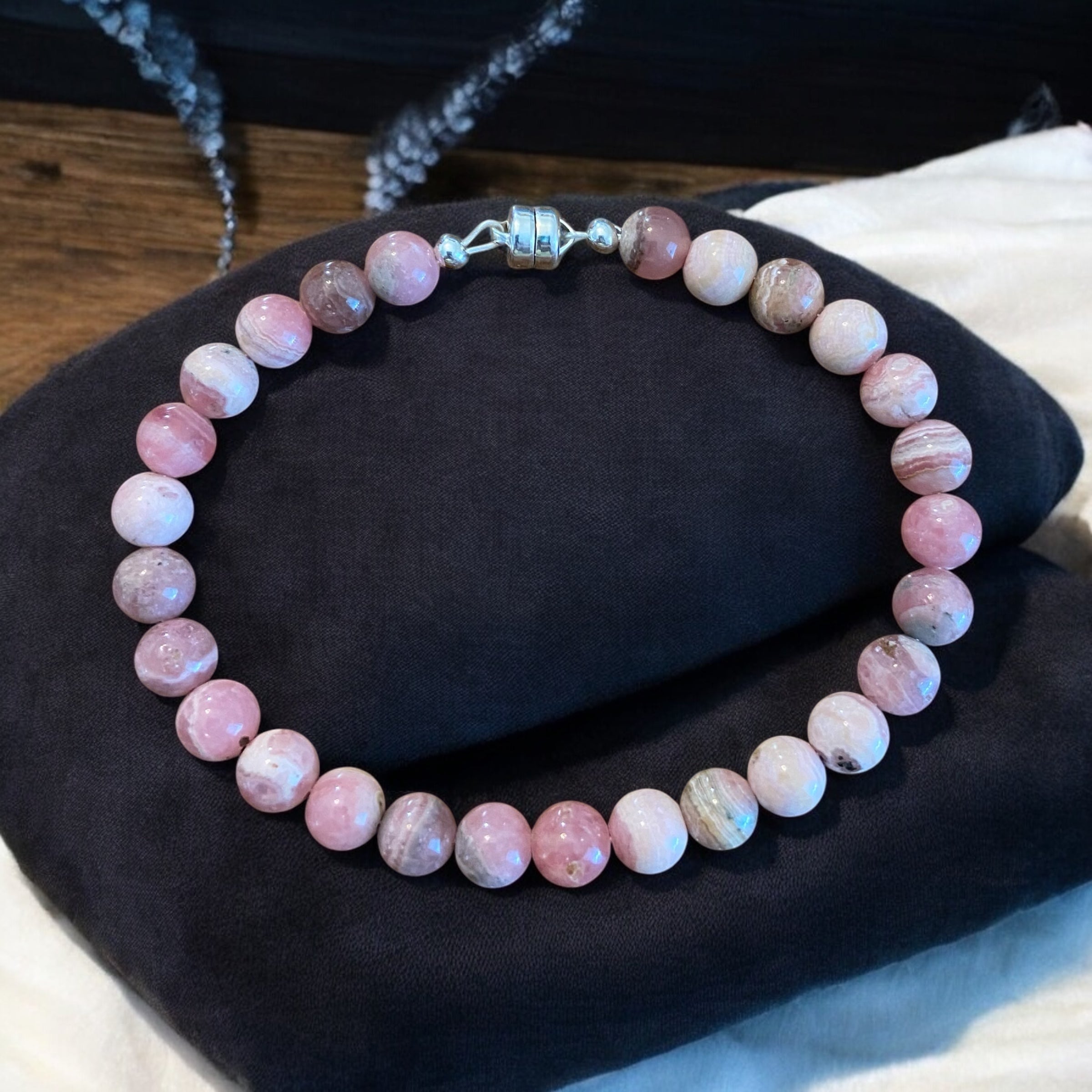 Stone of Self-Love: Rhodochrosite Line Bracelet with Magnetic Sterling Silver Clasp