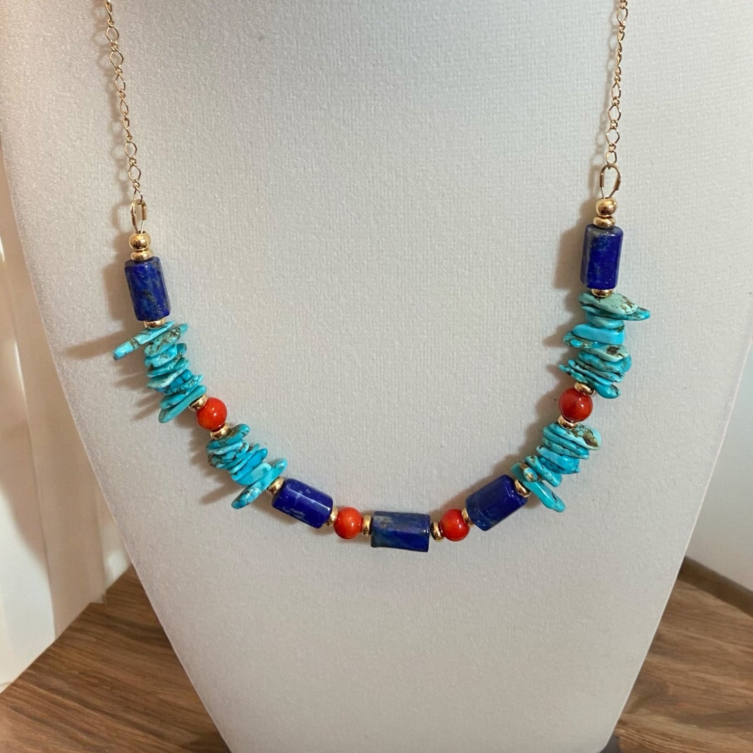 Collector’s Treasure: Handcrafted 14K Solid Gold Turquoise, Lapis & Red Coral Necklace