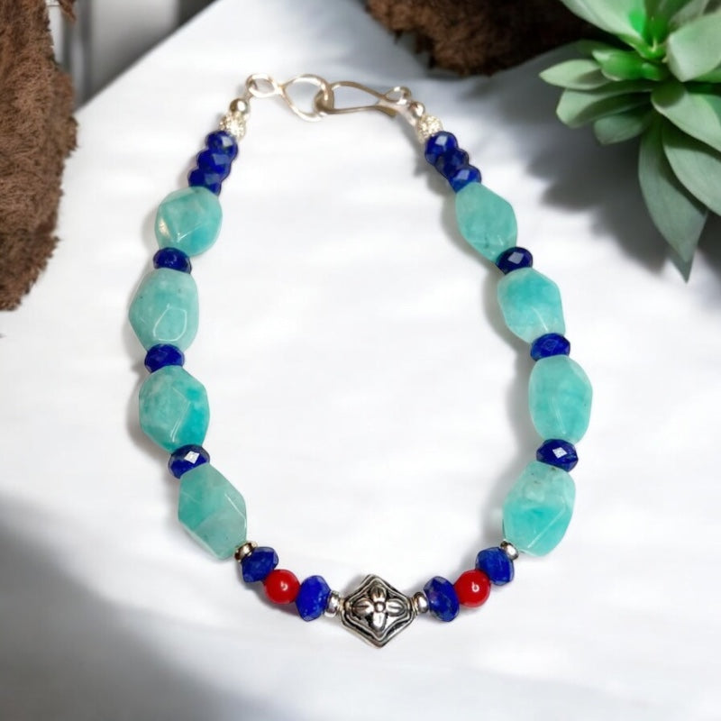 Elegant Amazonite, Lapis and Red Coral Bracelet