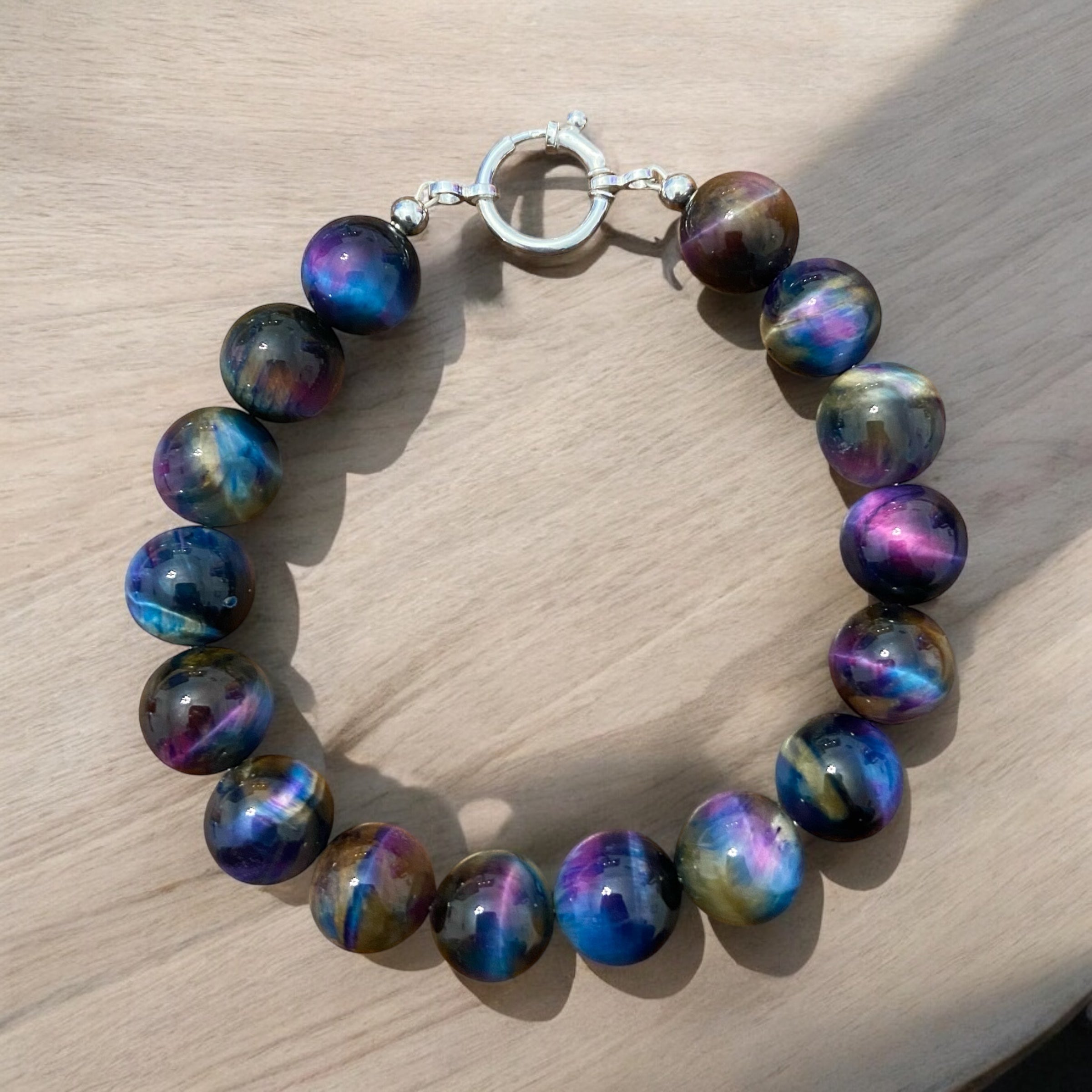 Strength and Radiance: Rainbow Tiger's Eye Men's Bracelet with Sterling Silver