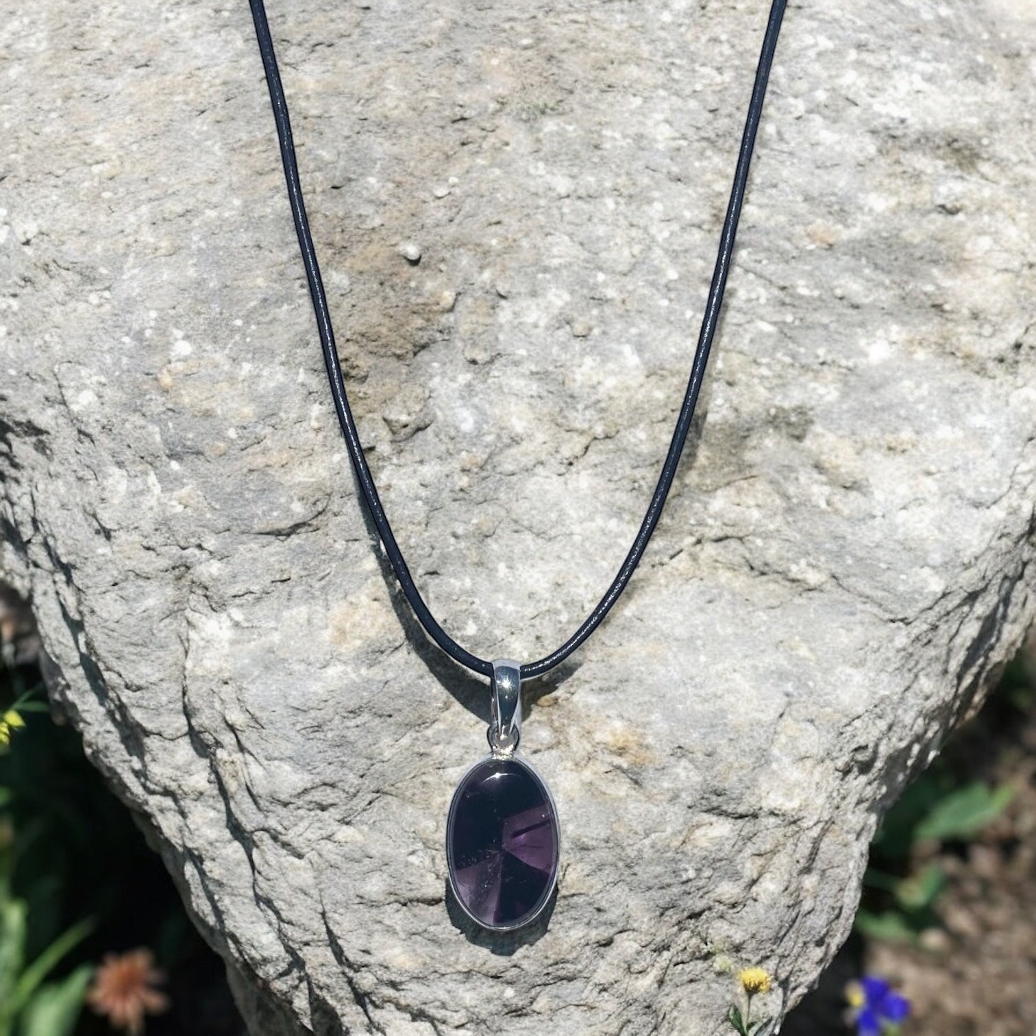 Amethyst Pendant on Black Leather 20” Necklace