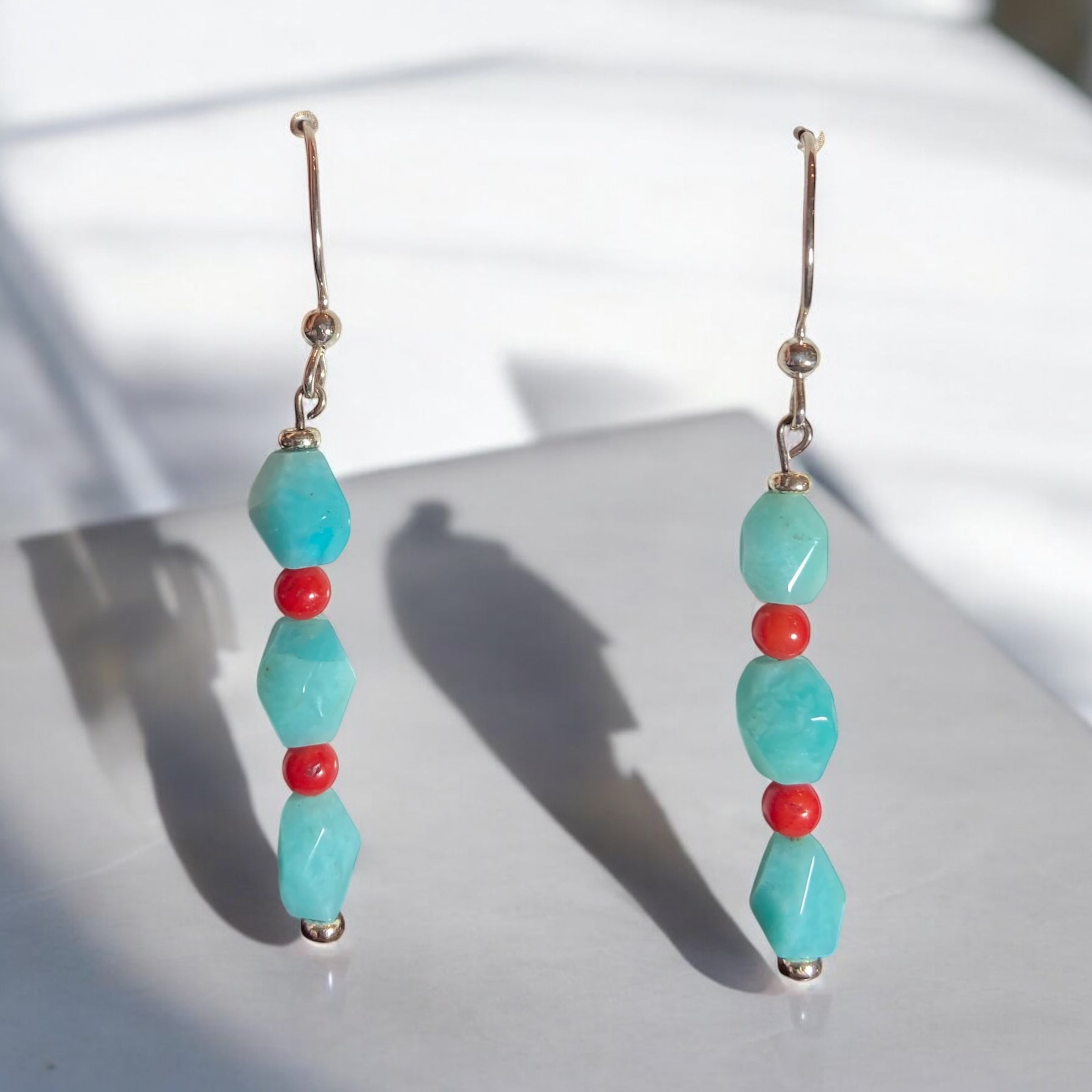 Tranquil Energy & Bold Confidence: Amazonite & Red Coral Drop Earrings