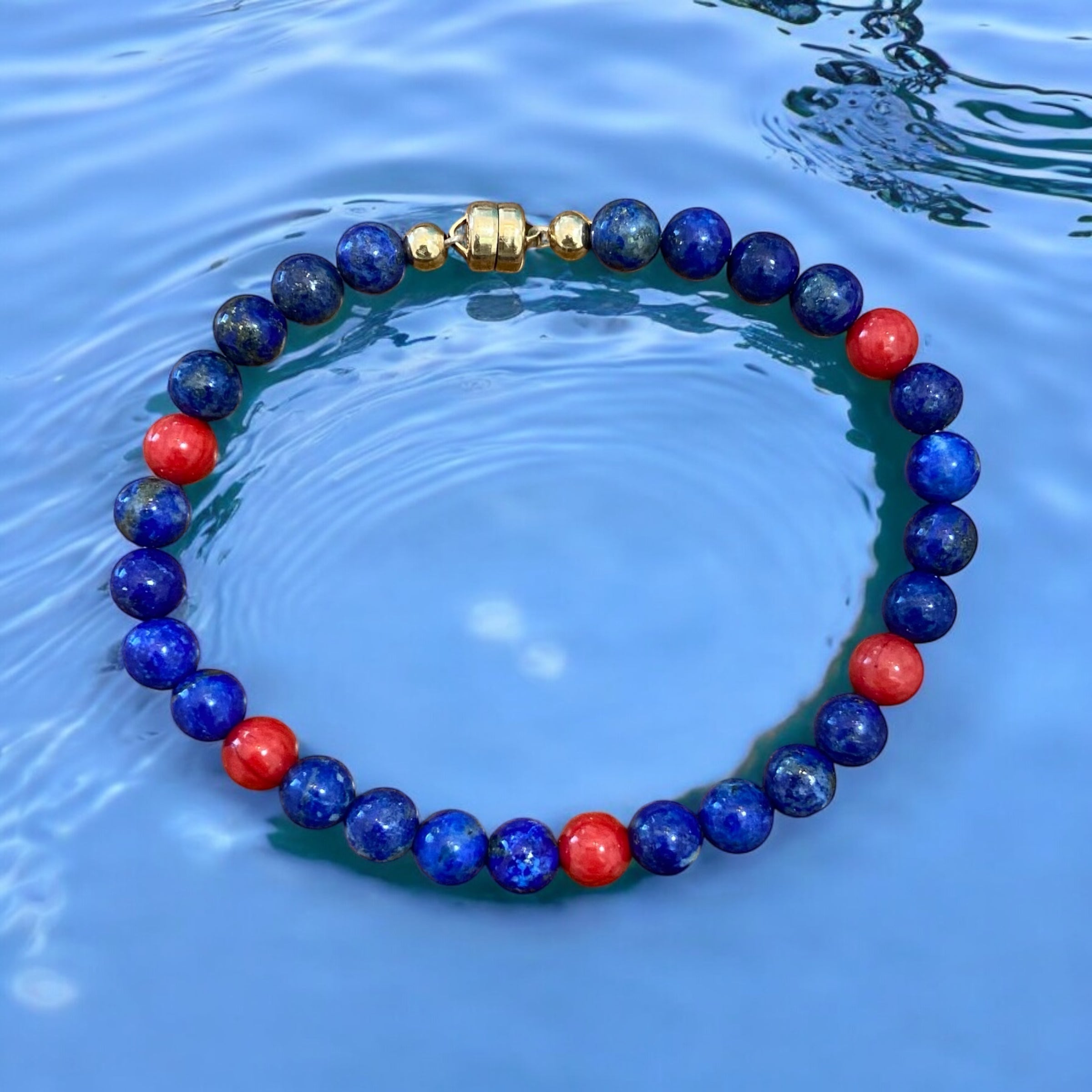 Regal Harmony: Lapis Lazuli & Red Coral Line Bracelet with Magnetic 4K Gold-Filled Clasp