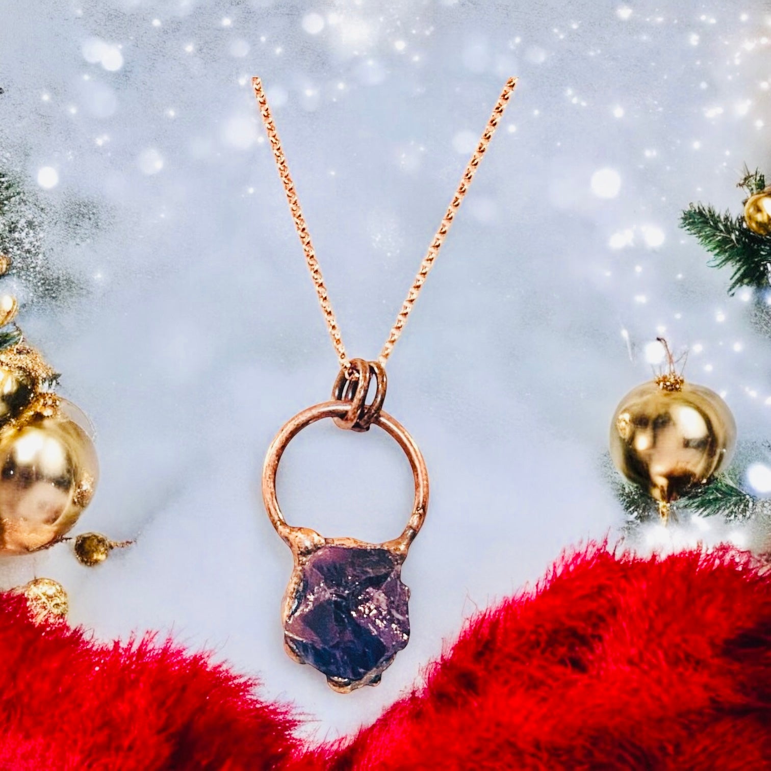 Amethyst Copper Pendant Necklace, Rose Gold-filled Chain on Christmas background