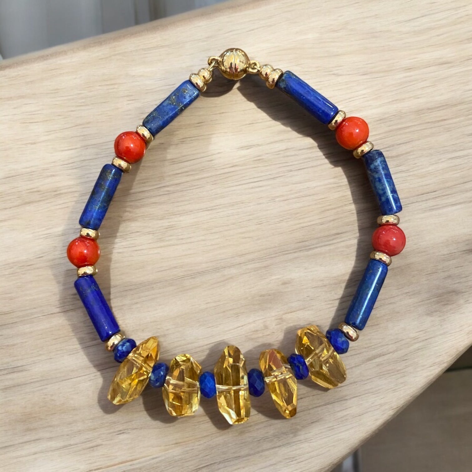 Royal Radiance: Handcrafted 14K Solid Gold Lapis, Citrine & Red Coral Bracelet