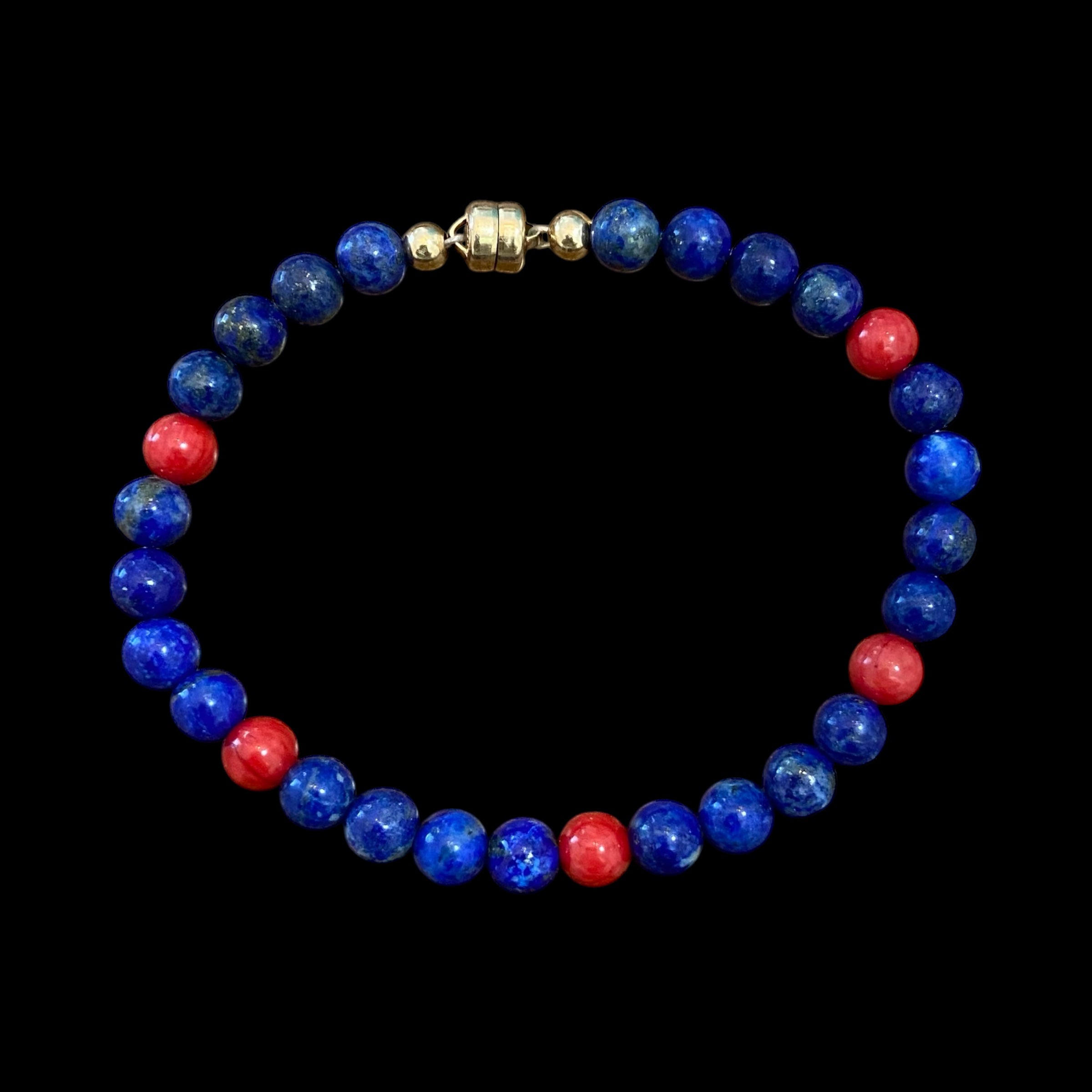 Regal Harmony: Lapis Lazuli & Red Coral Line Bracelet with Magnetic 4K Gold-Filled Clasp