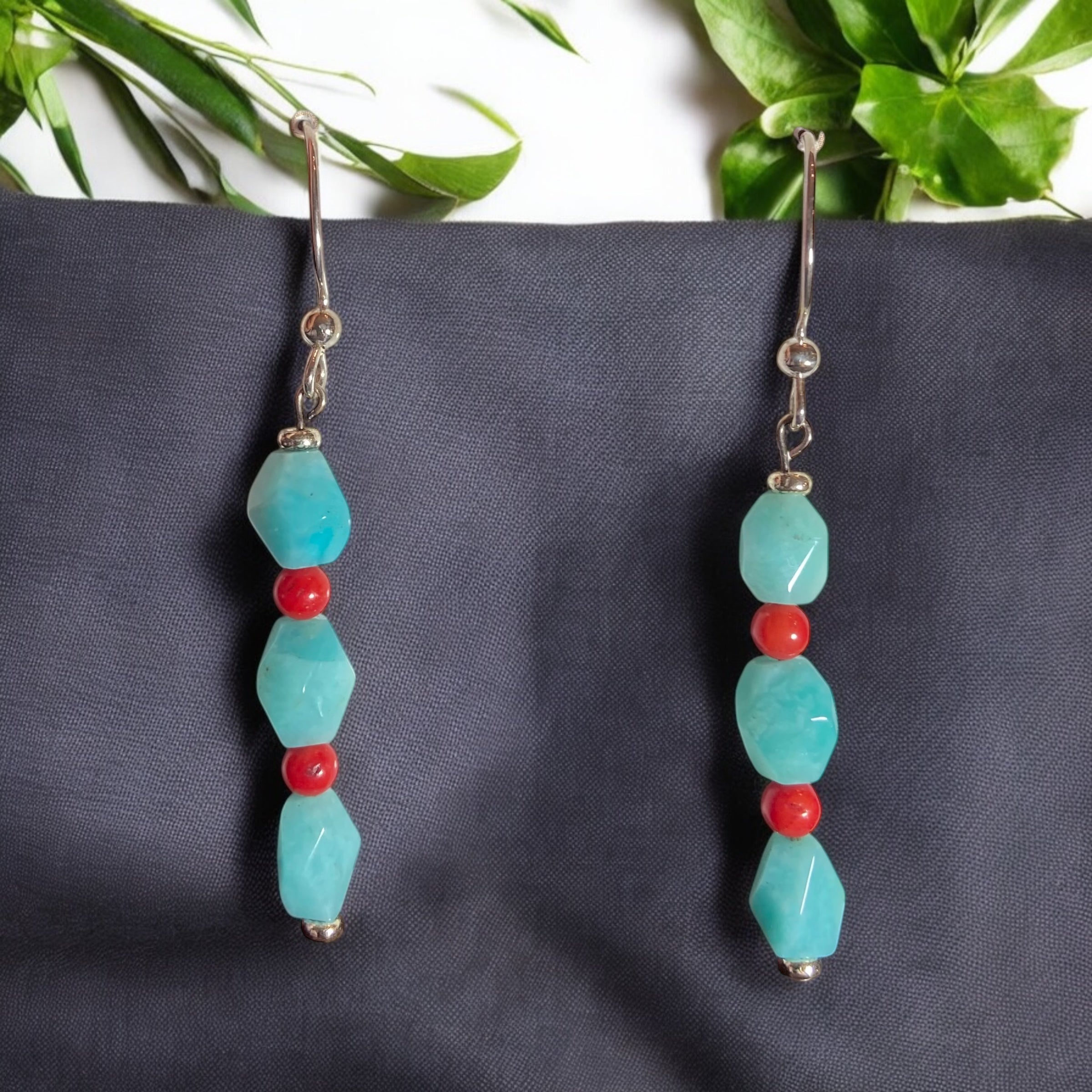 Tranquil Energy & Bold Confidence: Amazonite & Red Coral Drop Earrings