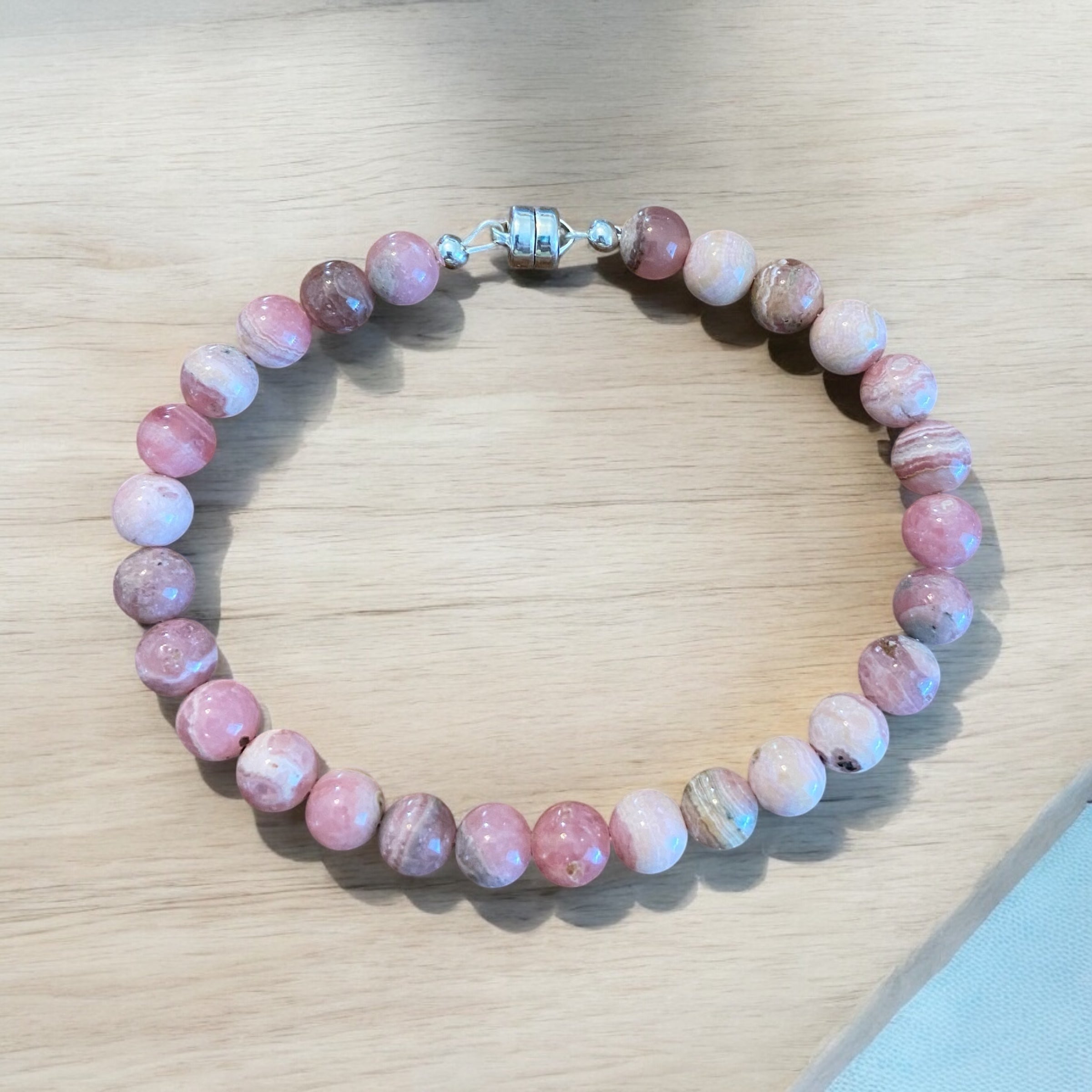 Stone of Self-Love: Rhodochrosite Line Bracelet with Magnetic Sterling Silver Clasp