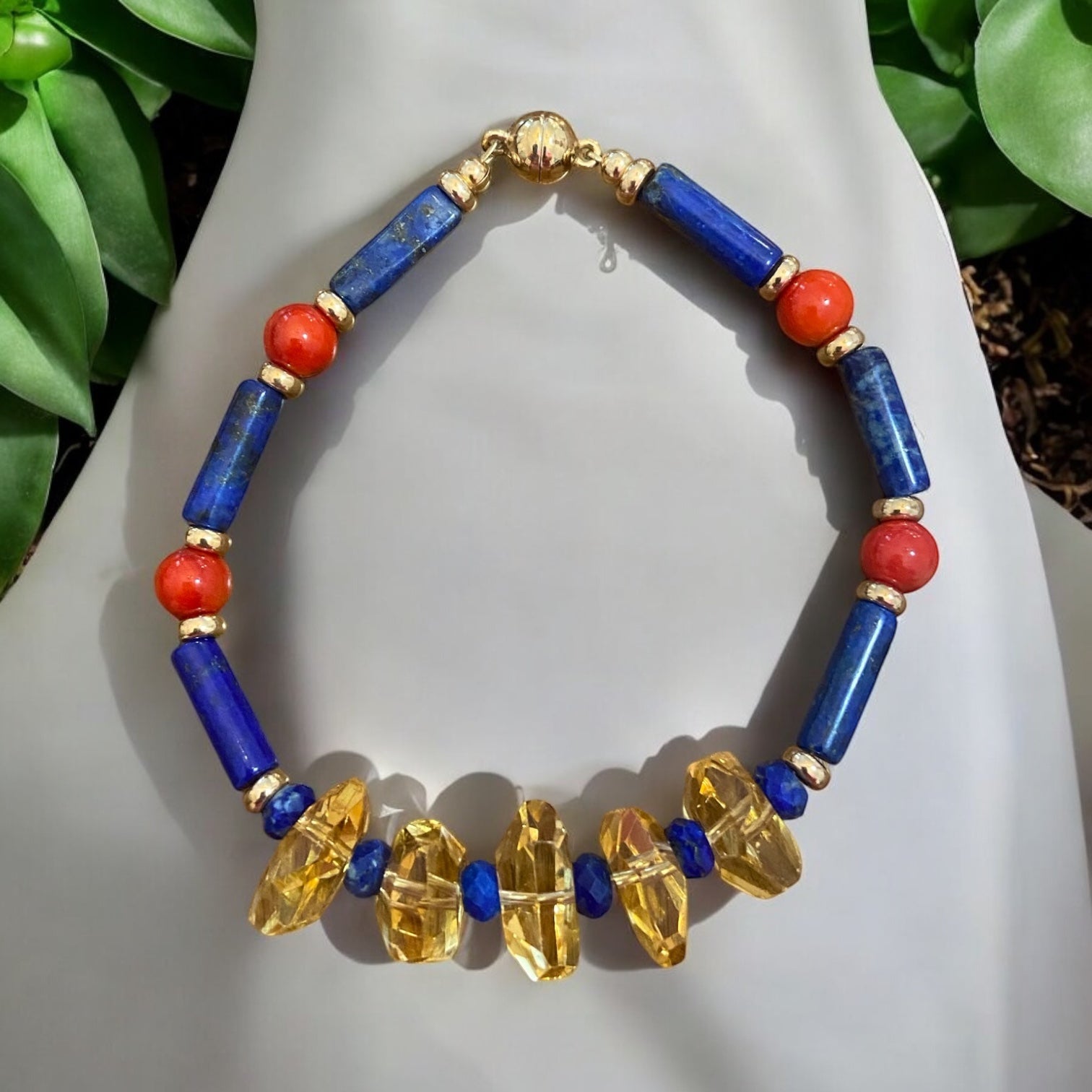 Royal Radiance: Handcrafted 14K Solid Gold Lapis, Citrine & Red Coral Bracelet