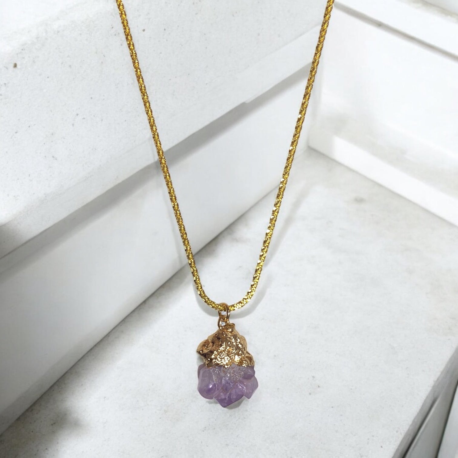 Mini Amethyst Pendant with Exquisite 18k Gold over Sterling Silver Chain