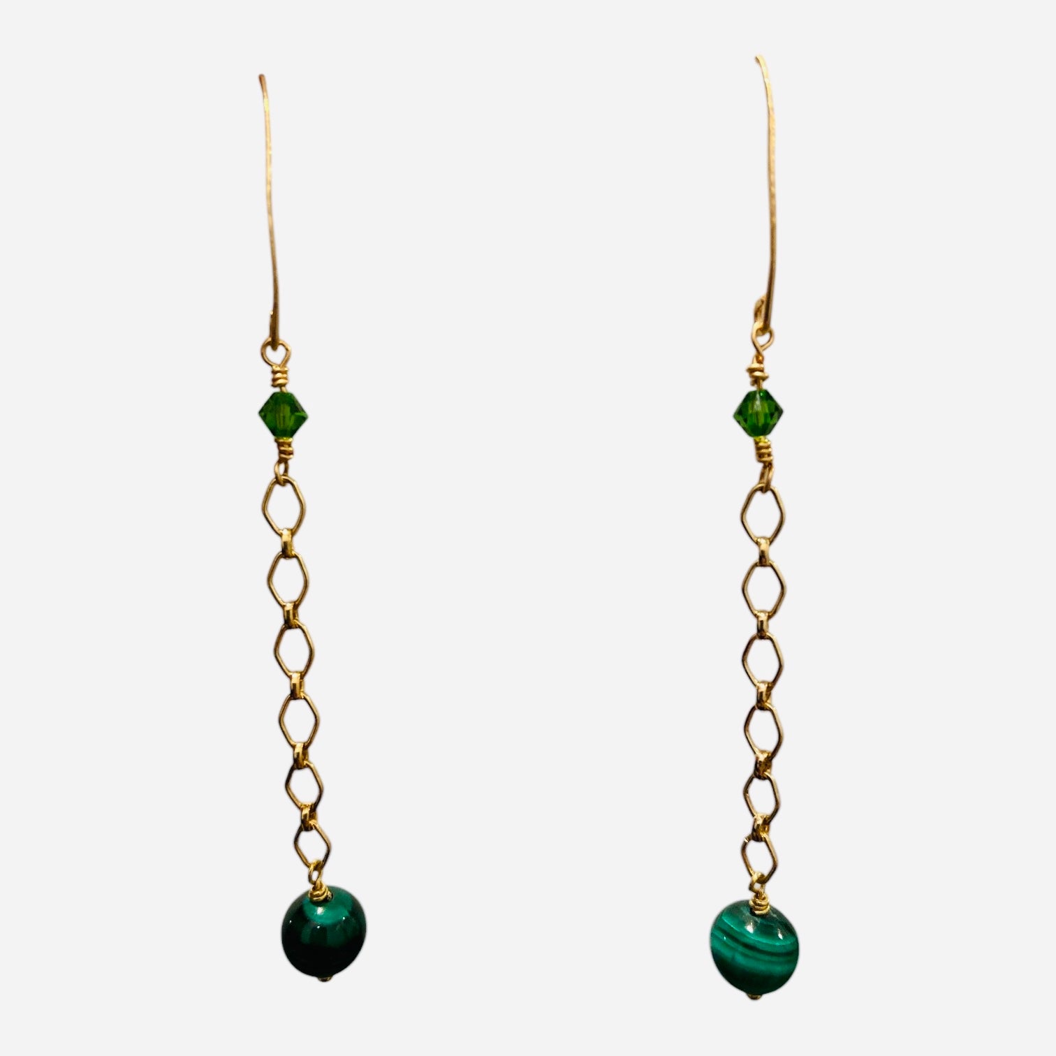 Malachite 8mm Dangle Drop Earrings with Crystal