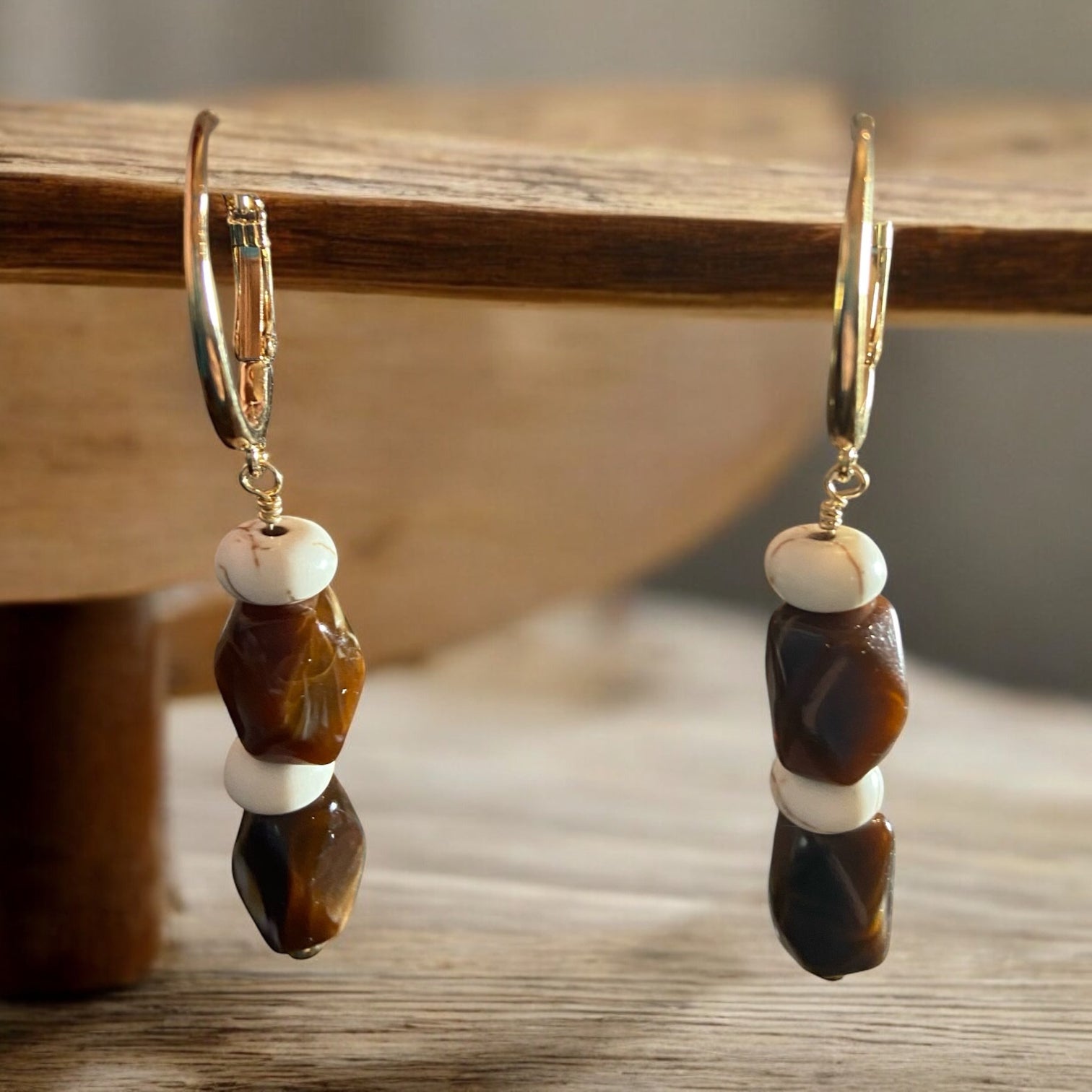 Deep Brown Agate with Magnesite Earrings with 18K gold-filled earwires