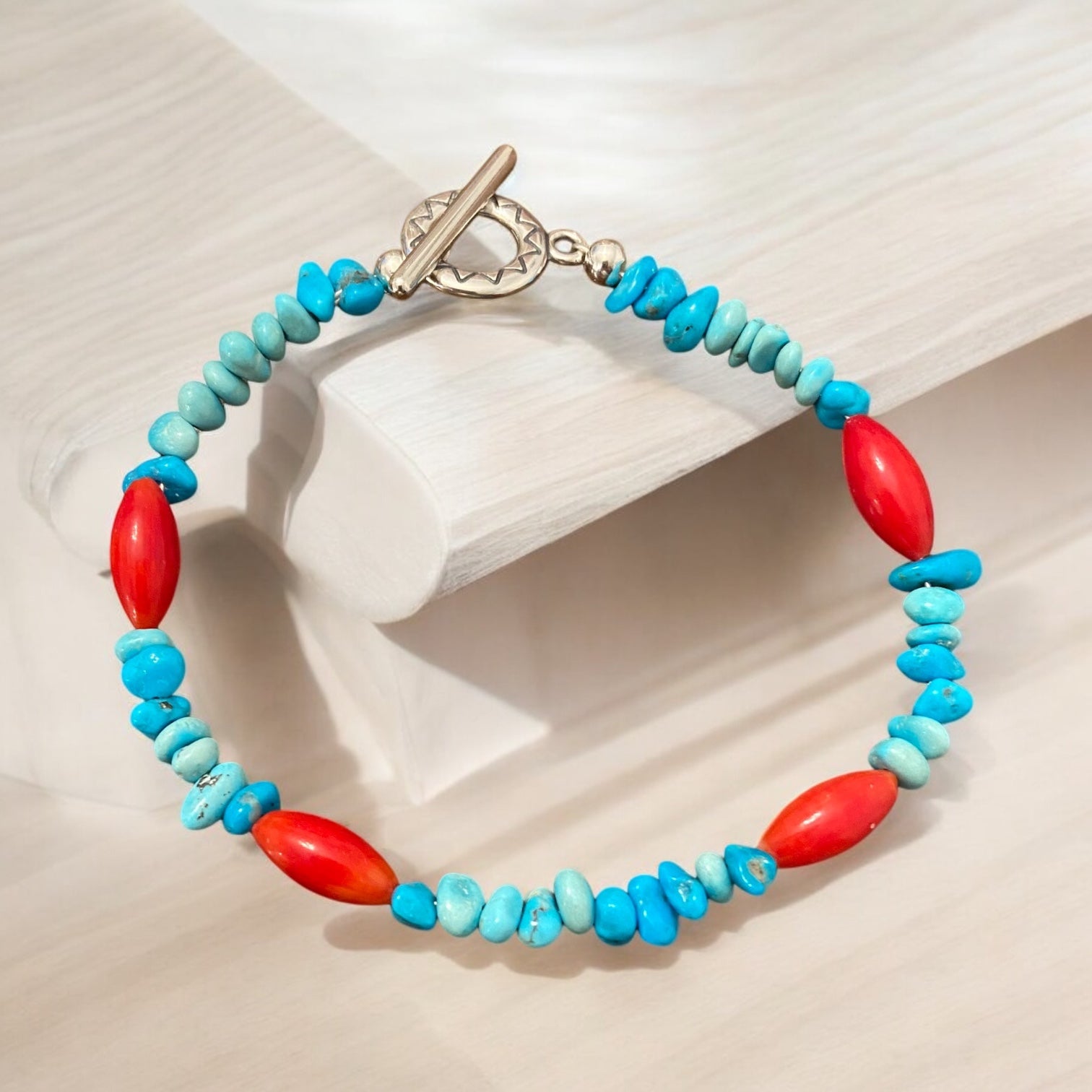 turquoise and red coral bracelet